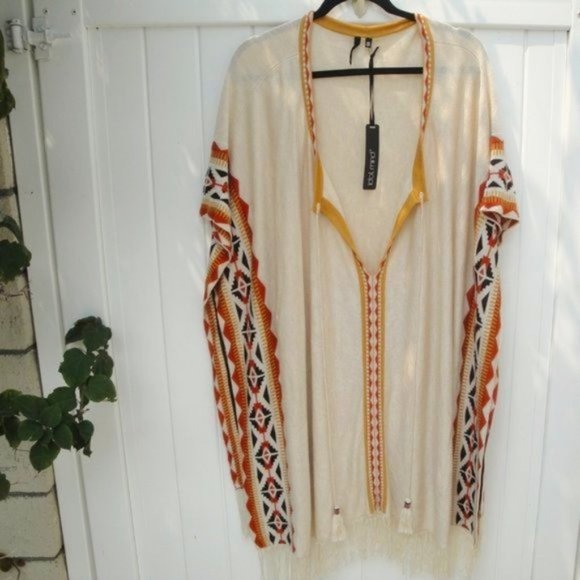 Sundance Poncho Women's Idol Mind Boho Southwestern Gold Cream S-M New Fringe - Picture 2 of 5